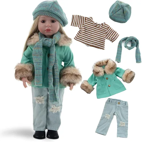 Vista 11 de Rakki Dolli American - Conjunto de ropa para muñeca de 18 pulgadas, set de moda de 5 piezas de abrigo rojo de invierno incluye abrigo cálido