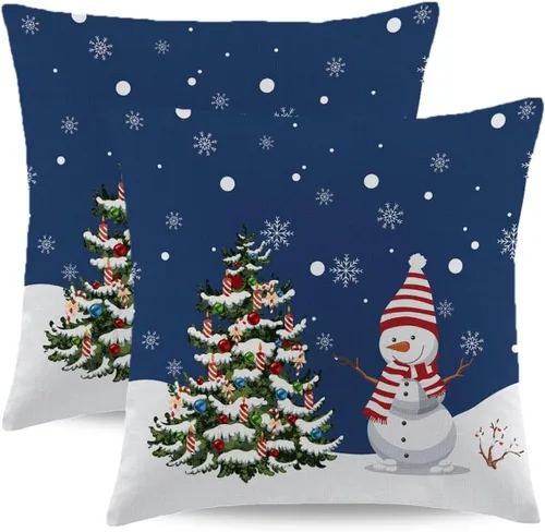 Vista 21 de Fundas de Almohada de Navidad Azul Marino 16x16 Juego de 2 Estilo Granja Muñeco de Nieve Copo de Nieve Árbol de Navidad Fundas de Almohada