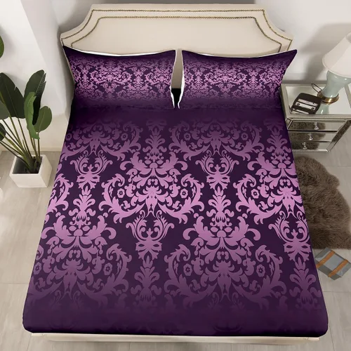 Vista 16 de Juego de sábanas bajeras de tamaño individual de damasco de medallón morado, estilo victoriano, estilo barroco, bohemio, con flores abstractas