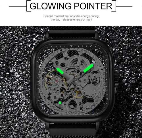 Vista 5 de Tiong Relojes automáticos de moda Reloj de pulsera mecánico dorado para hombre Relojes esqueleto con esfera transparente de acero inoxidable