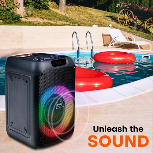 Vista 7 de Pyle Altavoz portátil Bluetooth para fiestas con woofer de 8 pulgadas, función TWS, batería recargable de 100W, entrada de micrófono, eco, control