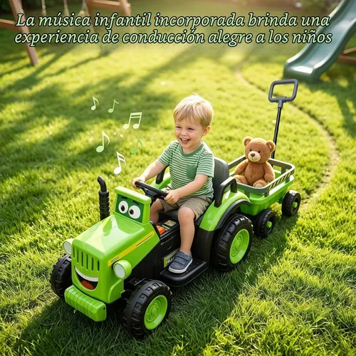Vista 5 de Tractor de paseo para niños de 12 V con remolque y control remoto de 2.4 G, vehículo eléctrico extragrande con neumáticos EVA, música Bluetooth Verde