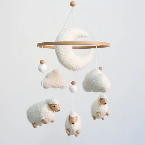 Vista 7 de Cloud Crib Mobile Baby Mobile para cuna Neutral Boho Luna y Nubes Móvil Neutral Guardería Decoración Boucle Mobile Blanco