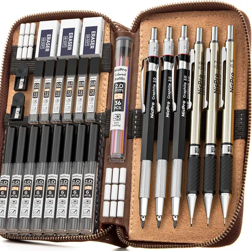 Vista 8 de Nicpro - Juego de 30 lápices mecánicos artísticos en estuche de cuero, lápices metálicos de dibujo de 0.02 pulgadas, 0.03 pulgadas, 0.04 pulgadas