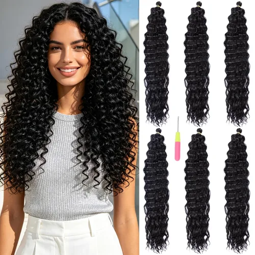 Vista 9 de MAYSA Cabello ondulado de ganchillo azul, cabello ondulado con ganchillo para mujer, extensiones de cabello sintético de onda profunda de 22