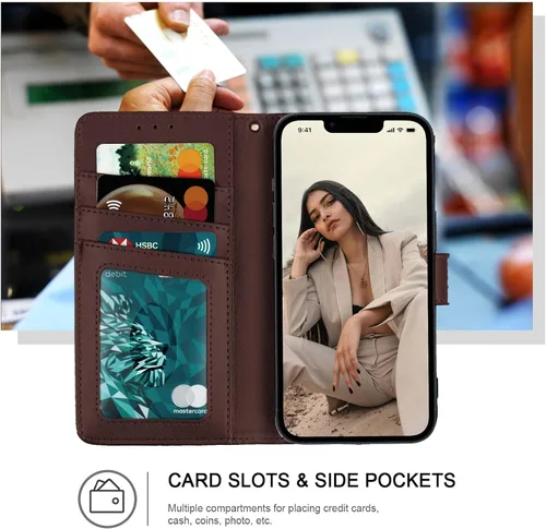 Vista 2 de Funda tipo cartera para iPhone 11, bloqueo RFID, soporte para 3 tarjetas con ranura para tarjetas de crédito, funda protectora magnética de piel