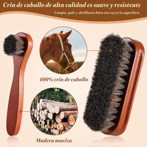 Vista 2 de 2 piezas Juego de cepillo de zapatos de pelo de caballo para pulir Kit de cepillos aplicadores de brillo Limpieza de zapatos de cuero Botas Cepillos