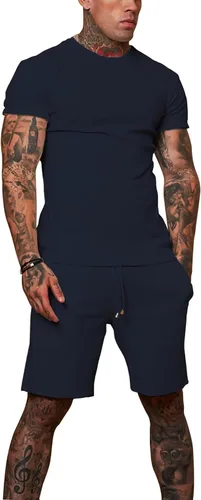Vista 4 de Redqenting Conjunto de pantalones cortos casuales para hombre, 2 piezas, conjuntos de pantalones deportivos de verano a juego de camisa y pantalones