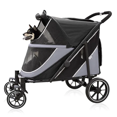 Vista 11 de Cochecito para perros medianos y grandes, plegable con un solo clic, cochecito para mascotas extra grande para 2 perros con bolsillo