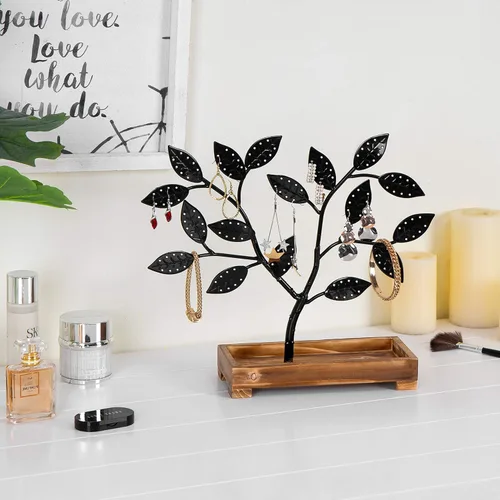 Vista 3 de MyGift Organizador de almacenamiento de aretes, árbol de joyería de metal negro mate, collar y colgante de pulsera con bandeja de anillos de madera