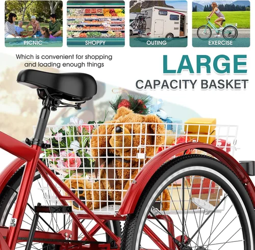 Vista 4 de MOPHOTO Triciclo de montaña para adultos, bicicleta de 3 ruedas de 7 velocidades para adultos/hombres/mujeres, 24/26/27.5 pulgadas, triciclo
