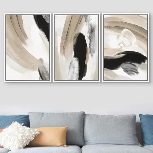 Vista 176 de SIGNFORD - Set de obras de arte en lienzo enmarcado para pared, ilustraciones abstractas de neblina del desierto en tonos neutros beige y marrón