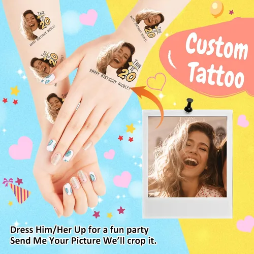 Vista 2 de Tatuajes temporales personalizados, tatuajes faciales personalizados para cumpleaños, boda, despedida de soltera, 1 juego de 15 tatuajes