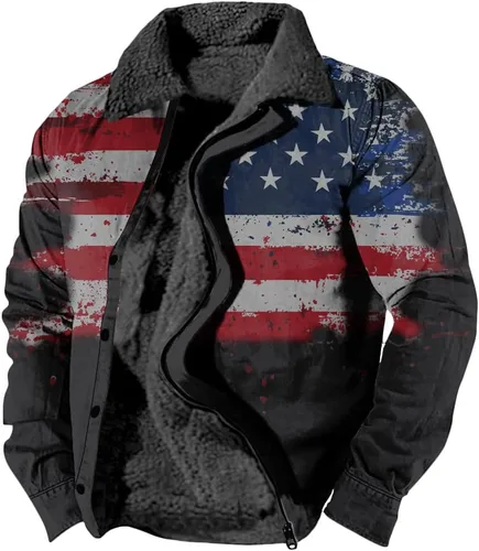 Vista 22 de LOAIHA Chaqueta de invierno para hombre, chaqueta de bandera estadounidense, abrigos occidentales para hombre, con cremallera, forro polar cálido