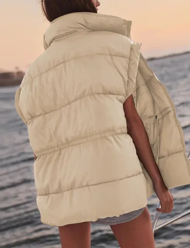 Vista 6 de Lentta Chaleco acolchado para mujer con cordón ajustable en la cintura ligero acolchado con cremallera y bolsillos