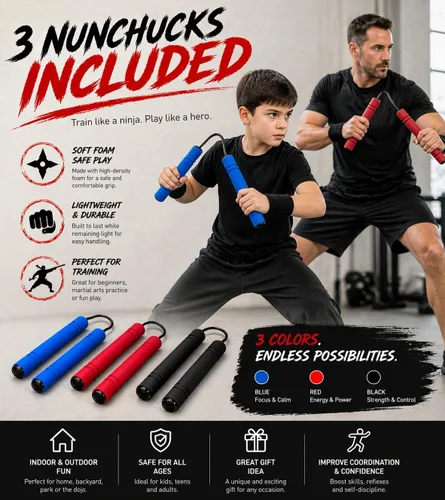 Vista 4 de ArtCreativity Nunchucks de juguete de espuma para niños en varios colores (juego de 3) juguetes de entrenamiento con asas suaves, el mejor regalo