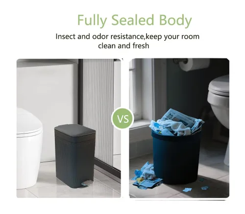 Vista 3 de Feisco Cubo de basura pequeño con tapa, cubo de basura pequeño para baño con pedal y tapa tipo prensa, cubo de basura delgado para cocina, baño, Gris