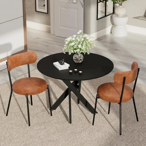 Vista 46 de Moderno juego de mesa de comedor redonda de 3 piezas, mesa de MDF circular negra y 2 sillas de comedor negras Boucle, muebles de cocina con marco