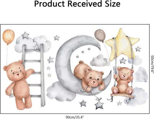 Vista 7 de Calcomanías de pared con diseño de oso de dibujos animados, diseño de oso de luna para dormir, despegar y pegar, papel tapiz mural extraíble