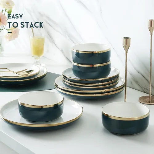Vista 5 de Pokini Juego de vajilla de porcelana, juego de 12 platos y cuencos de porcelana de lujo, juego de platos verdes con borde dorado para boda