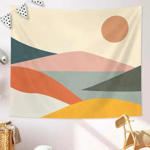 Vista 8 de SUOTEMEIFEI Tapiz bohemio de sol de montaña, arte simple, diseño de amanecer, naturaleza, puesta de sol, paisaje, abstracto, estético, decoración