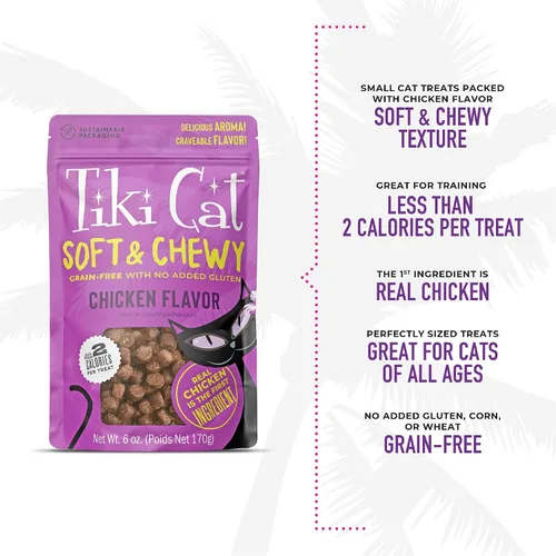 Vista 5 de Tiki - Golosinas suaves y masticables para gatos, sabor a pollo, 3 calorías por golosina sin granos y sin gluten añadido, bolsa de 6 onzas