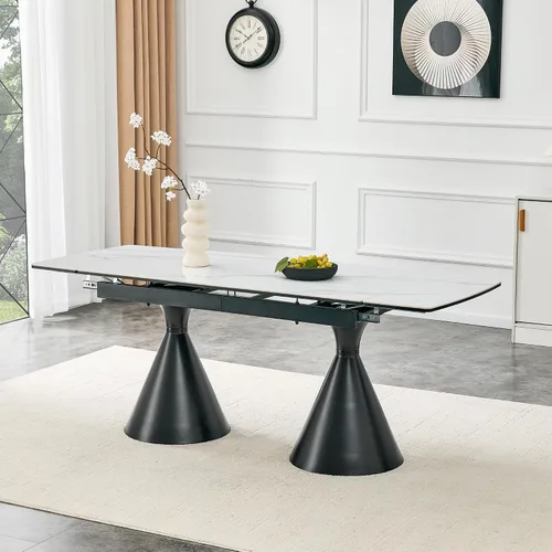 Vista 3 de Mesa de comedor extensible moderna para 4-8 personas, mesa de cocina de piedra sinterizada expandible con base de metal negro, ahorro de espacio