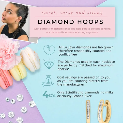 Vista 5 de La Joya Lab Grown Small Diamond Hoop Earrings for Women 18-14 CT 925 Sterling Silver Huggie Earrings The Ideal Pair of Womens Diamond Earrings To