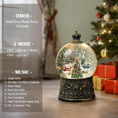 Vista 3 de Linterna de Globo de Nieve Navideño con Purpurina, Luz Musical de Globo de Nieve con Temporizador, Caja de Música con Alimentación USB y por