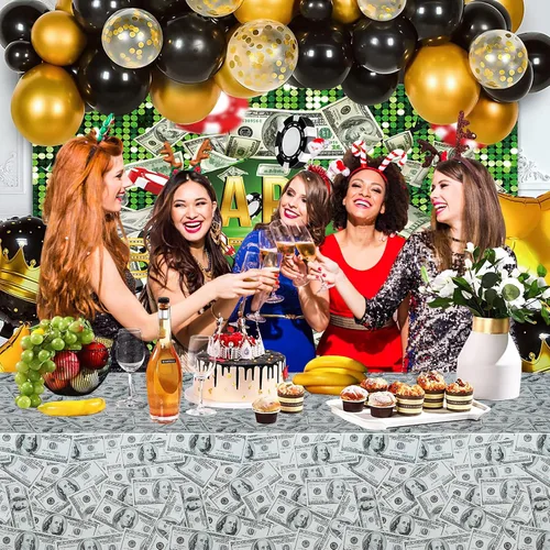 Vista 7 de PHOGARY Mantel de 3 piezas para decoración de fiesta temática de dinero, manteles de billetes de dólar, manteles de mesa de dinero para cumpleaños