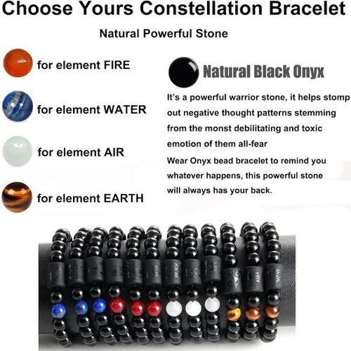 Vista 4 de Pulsera con signos del zodiaco para hombres y mujeres, 0.315in, piedra de ónice negra natural, constelación, horóscopo trenzado, pulseras de cuentas