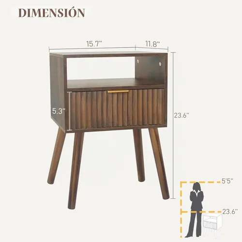 Vista 3 de Fultyle Mesita de noche pequeña, mesita de noche de madera con cajón acanalado y estante Marrón rústico