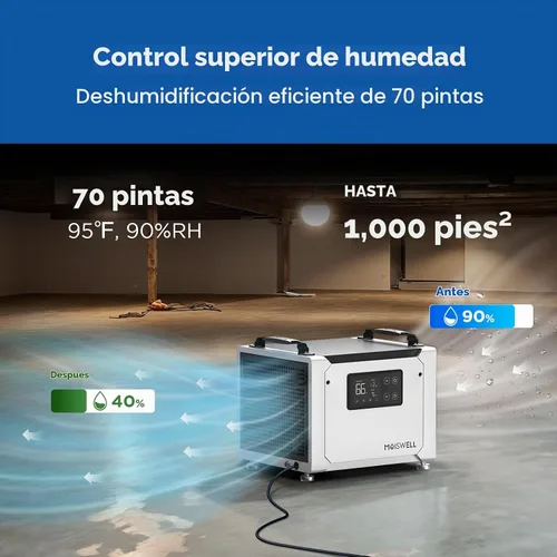 Vista 2 de Deshumidificador comercial de 70 pintas con manguera de drenaje para espacio de arrastre
