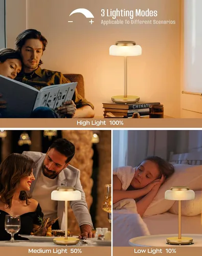 Vista 4 de QiMH Lámpara de mesa LED a pilas, lámpara de escritorio inalámbrica de 5000 mAh con control táctil de brillo de 3 niveles, mini luz nocturna