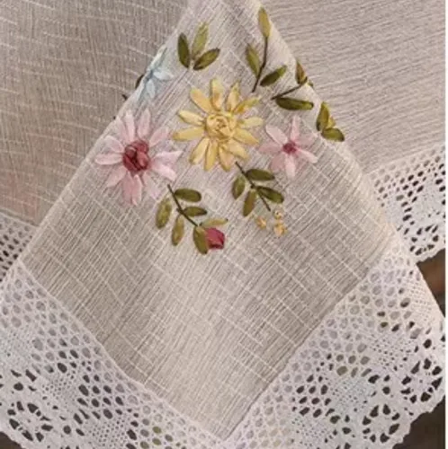 Vista 3 de Mantel de lino con borlas para mesa de centro para sala de estar, encaje rectangular (gris claro, Begonia grandis, 43 x 63 pulgadas)