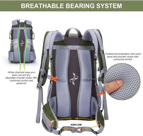 Vista 4 de Mochila de senderismo MOUNTAINTOP de 40 L, mochila ligera para exteriores Verde militar
