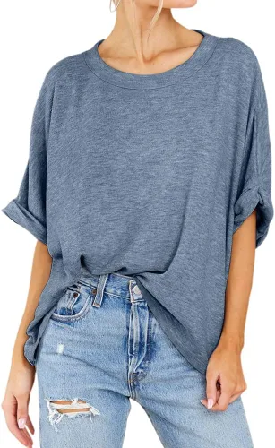 Vista 2 de Langwyqu Camisetas de gran tamaño para mujer, estilo casual, de verano, manga corta, ajuste holgado