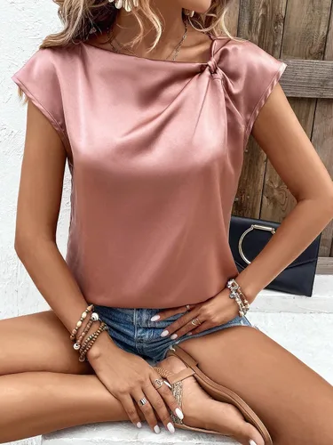 Vista 5 de Milumia Blusa elegante de satén con cuello de barco y manga casquillo para mujer