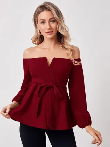 Vista 4 de Floerns Blusa de maternidad de manga larga con cinturón y hombros descubiertos para mujer