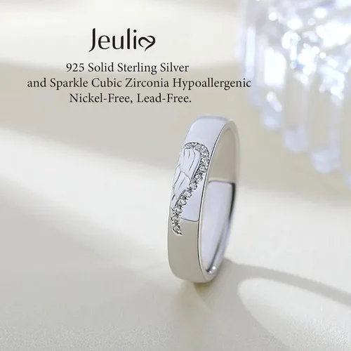 Vista 5 de Jeulia Anillo de plata de ley para mujer, con forma de corazón, dos tonos, con incrustaciones de alas de ángel, para parejas, boda, compromiso