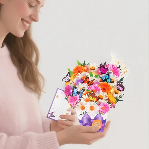 Vista 7 de APOTODITO Mini tarjetas de cumpleaños, tarjeta de regalo de cumpleaños con música y luz, ramo de flores tarjeta 3D con mariposas para mamá, mujer