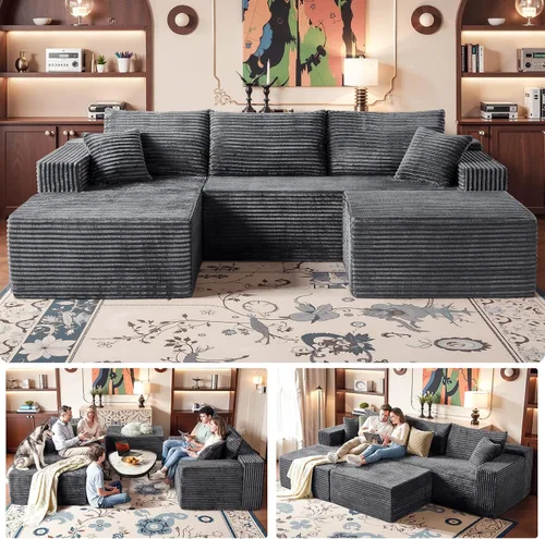 Vista 15 de Sofá modular negro de 108 pulgadas con otomana, sofá en forma de U en forma de nube para sala de estar, no necesita montaje, tela de pana de felpa