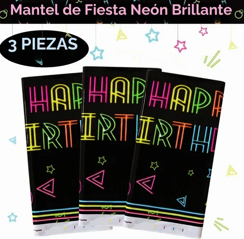 Vista 7 de Paquete de 3 suministros para manteles de fiesta que brillan en la oscuridad, mantel desechable de plástico neón, mantel rectangular con estampado