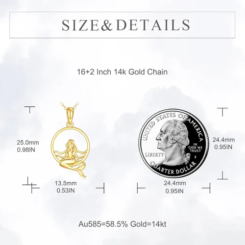 Vista 4 de KECHO Collar de sirena de oro macizo de 14 quilates, joyería con colgante de océano para niñas, mujeres, hija, Oro, No es una piedra preciosa