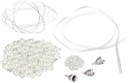 Vista 3 de Solid Oak Corona de campana de orn con cuentas, plata, blanco