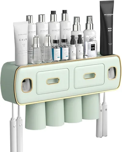 Vista 9 de Soporte para cepillos de dientes montado en la pared para baño y baño, kit de exprimidor de pasta de dientes doble automático, kit de exprimidor