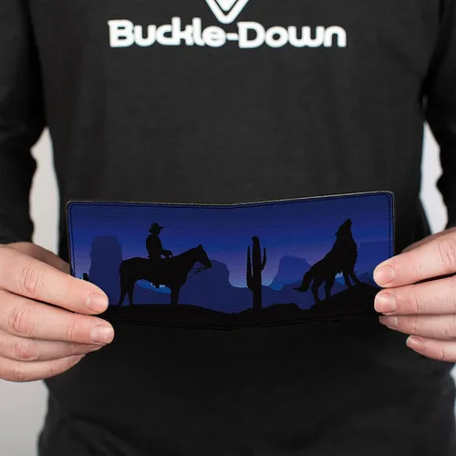 Vista 5 de Buckle-Down Billetera para hombre, plegable, siluetas de coyote vaquero, paisaje occidental, azul, negro, cuero vegano, 4.0 x 3.5 pulgadas, Cowboy