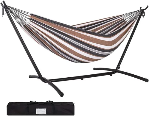 Vista 11 de Prime Garden - Hamaca con soporte para exterior, soporte de acero resistente y ahorro de espacio con capacidad de 450 lb, hamaca doble con bolsa