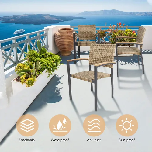 Vista 4 de TRY & DO Juego de 4 sillas de comedor para patio, sillas de comedor apilables de mimbre al aire libre con reposabrazos de madera, marco de aluminio