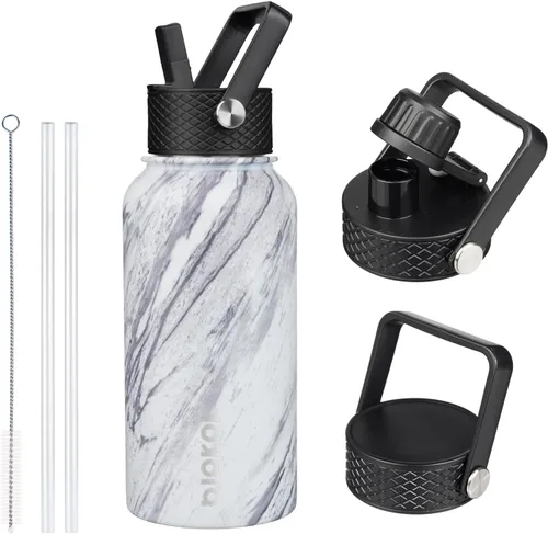 Vista 95 de BJPKPK Botellas de Agua Aisladas con Tapa de Pajita, Botella de Agua de Acero Inoxidable de 18oz, Termo Frío Caliente con 3 Tapas, Vaso de Viaje a